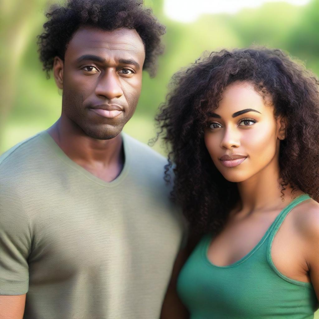 A beautiful Black woman with long, curly hair and brown eyes standing next to a handsome Black man with green eyes and short, straight hair