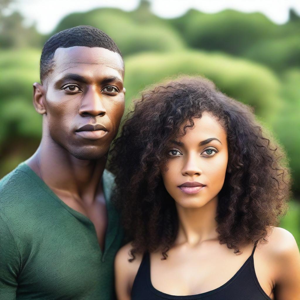 A beautiful Black woman with long, curly hair and brown eyes standing next to a handsome Black man with green eyes and short, straight hair