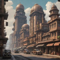 Indonesian cityscape reimagined in a dieselpunk aesthetic, featuring retro-futuristic machinery and architectural elements fusing traditional Indonesian motifs and dieselpunk industrial style.