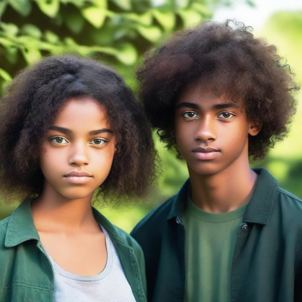 A beautiful Black teenage girl with long, curly hair and brown eyes standing next to a handsome Black teenage boy with green eyes and short, straight hair