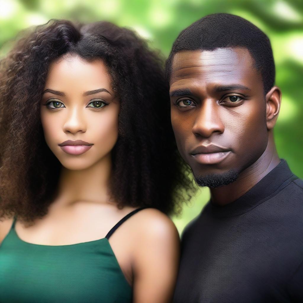 A beautiful Black woman with long, curly hair and brown eyes standing next to a handsome Black man with green eyes, short, straight hair