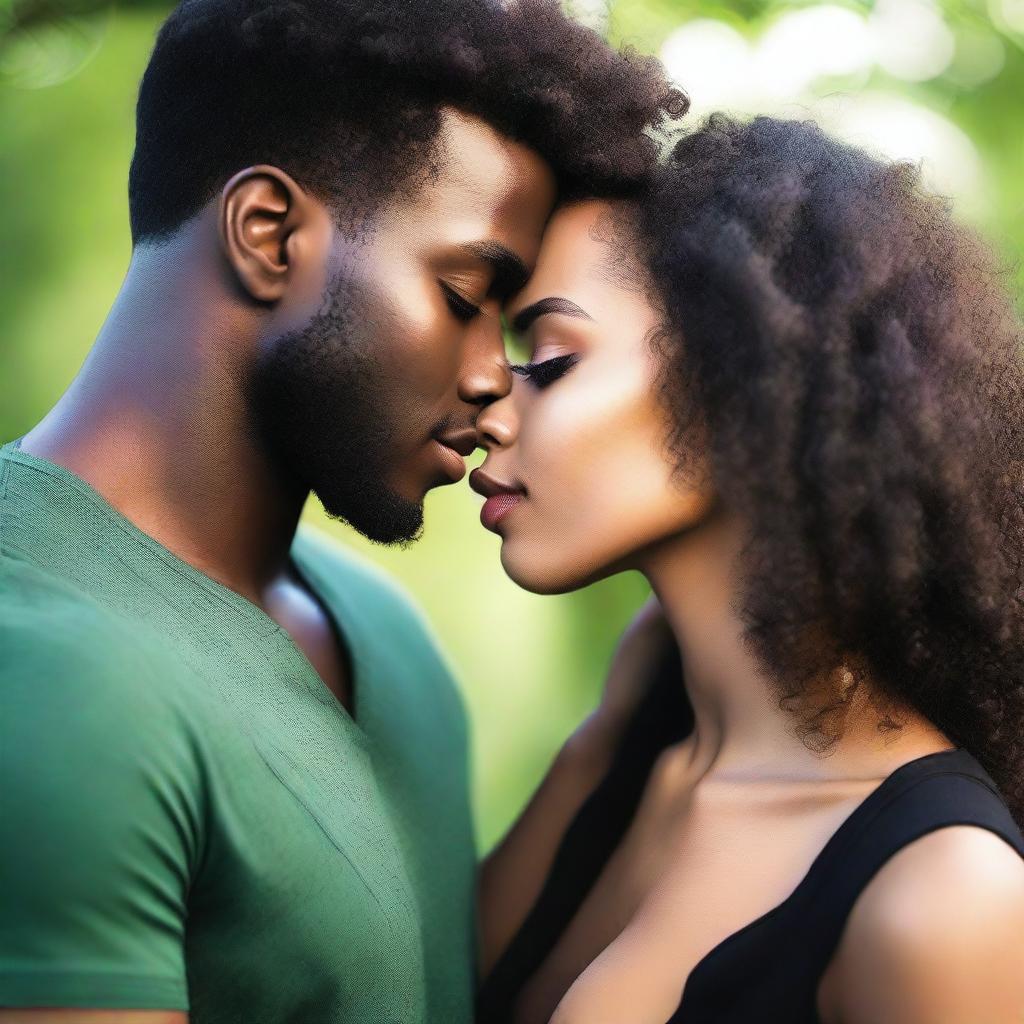 A beautiful Black woman with long, curly hair and brown eyes kissing a handsome Black man with green eyes, short, straight hair