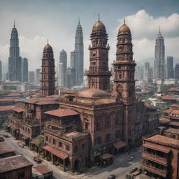 Malaysian cityscape reinterpreted with a dieselpunk theme, showcasing a fusion of traditional Malaysian architecture and dieselpunk-infused machinery and buildings.