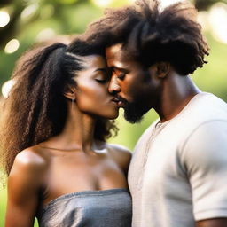 A Black man and a Black woman sharing a kiss