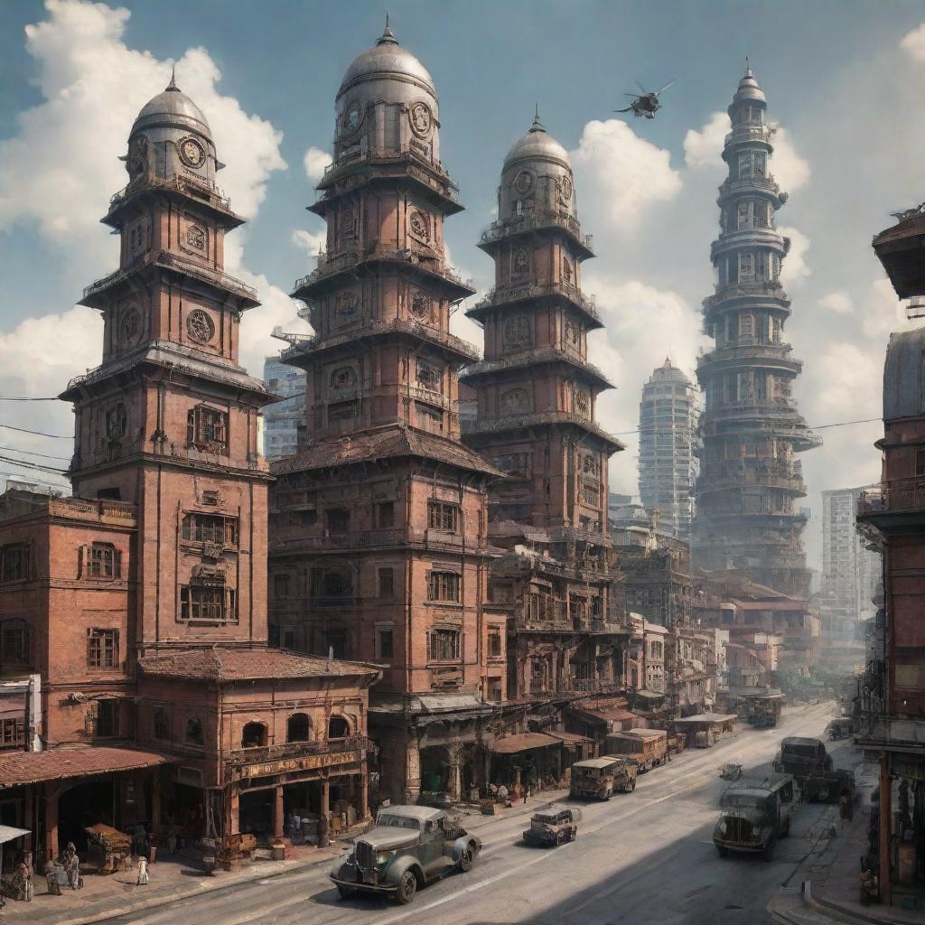 Malaysian cityscape reinterpreted with a dieselpunk theme, showcasing a fusion of traditional Malaysian architecture and dieselpunk-infused machinery and buildings.