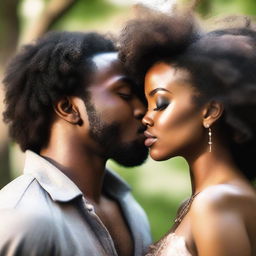 A loving scene of a Black man and a Black woman sharing a kiss