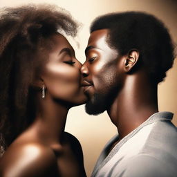 A loving scene of a Black man and a Black woman sharing a kiss