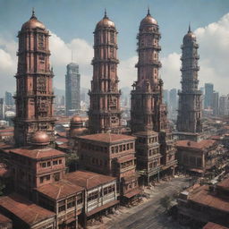 Malaysian cityscape reinterpreted with a dieselpunk theme, showcasing a fusion of traditional Malaysian architecture and dieselpunk-infused machinery and buildings.