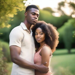 A young, heterosexual Black couple standing together, showcasing their love and connection