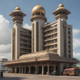 A dieselpunk representation of Brunei Darussalam, showcasing traditional architecture and elements combined with industrial, futuristic dieselpunk machinery.