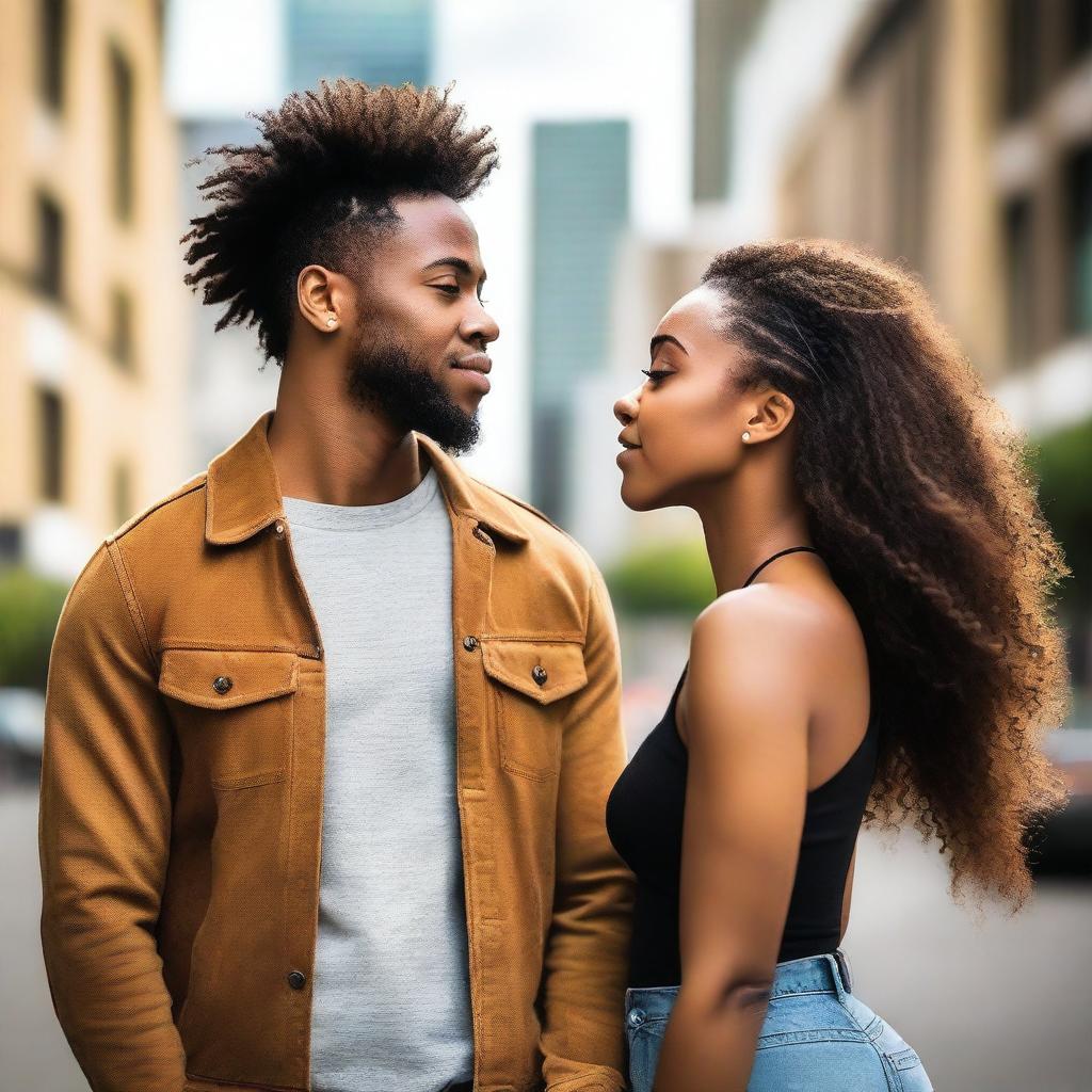 A beautiful young Black heterosexual couple standing together in an urban cityscape