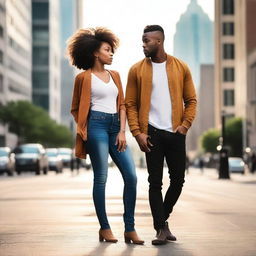 A beautiful young Black heterosexual couple standing together in an urban cityscape