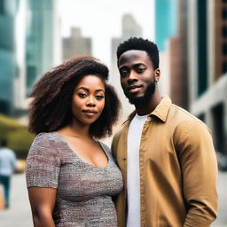 A beautiful young Black heterosexual couple standing together in an urban cityscape