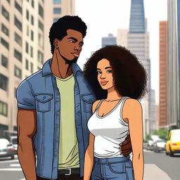 A beautiful young Black heterosexual couple standing together in an urban cityscape