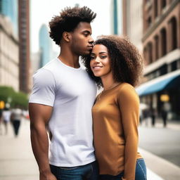 A beautiful young Black heterosexual couple standing together in an urban cityscape