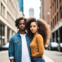 A beautiful young Black heterosexual couple standing together in an urban cityscape