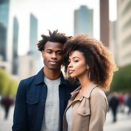 A beautiful young Black heterosexual couple standing together in an urban cityscape