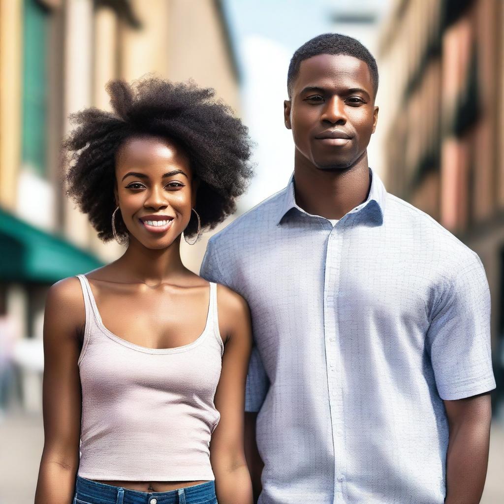 A beautiful young Black heterosexual couple standing together in an urban cityscape