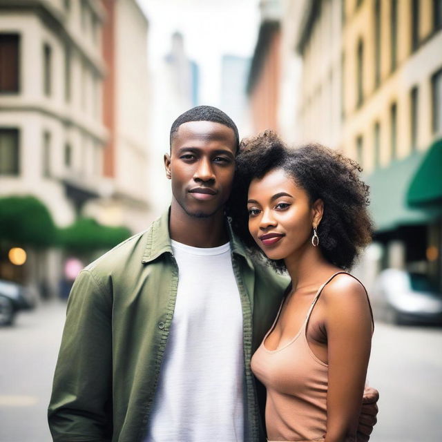 A beautiful young Black heterosexual couple standing together in an urban cityscape