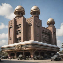 A dieselpunk representation of Brunei Darussalam, showcasing traditional architecture and elements combined with industrial, futuristic dieselpunk machinery.