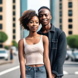 A beautiful young Black heterosexual couple standing together in an urban cityscape