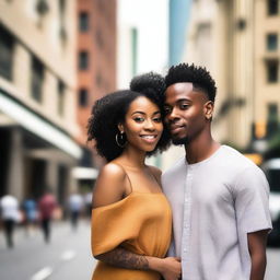 A beautiful young Black heterosexual couple standing together in an urban cityscape