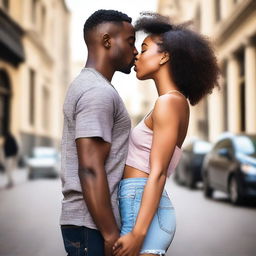 A beautiful young Black heterosexual couple kissing in an urban cityscape