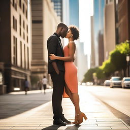 A beautiful young Black heterosexual couple kissing in an urban cityscape