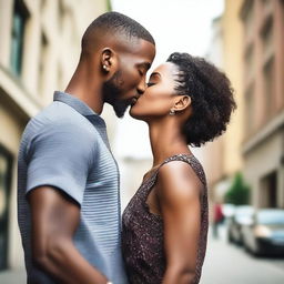 A beautiful young Black heterosexual couple kissing in an urban cityscape