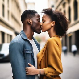 A beautiful young Black heterosexual couple kissing in an urban cityscape