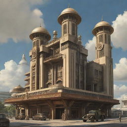 A dieselpunk representation of Brunei Darussalam, showcasing traditional architecture and elements combined with industrial, futuristic dieselpunk machinery.