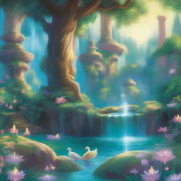 A beautiful and enchanting scene depicting a magical journey to a mystical fountain