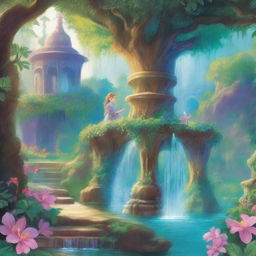 A beautiful and enchanting scene depicting a magical journey to a mystical fountain