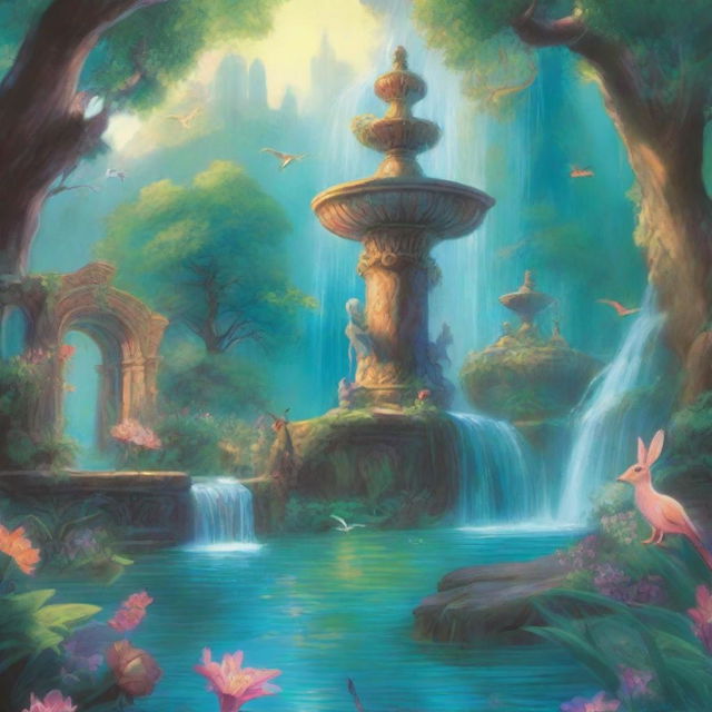 A beautiful and enchanting scene depicting a magical journey to a mystical fountain