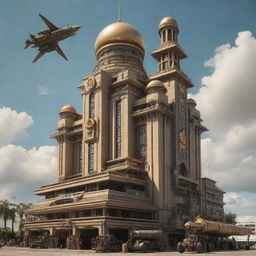 A dieselpunk representation of Brunei Darussalam, showcasing traditional architecture and elements combined with industrial, futuristic dieselpunk machinery.