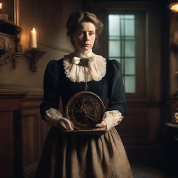 A governess holding a bear trap, dressed in Victorian-era clothing