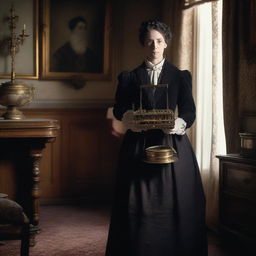 A governess holding a bear trap, dressed in Victorian-era clothing