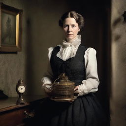 A governess holding a bear trap, dressed in Victorian-era clothing