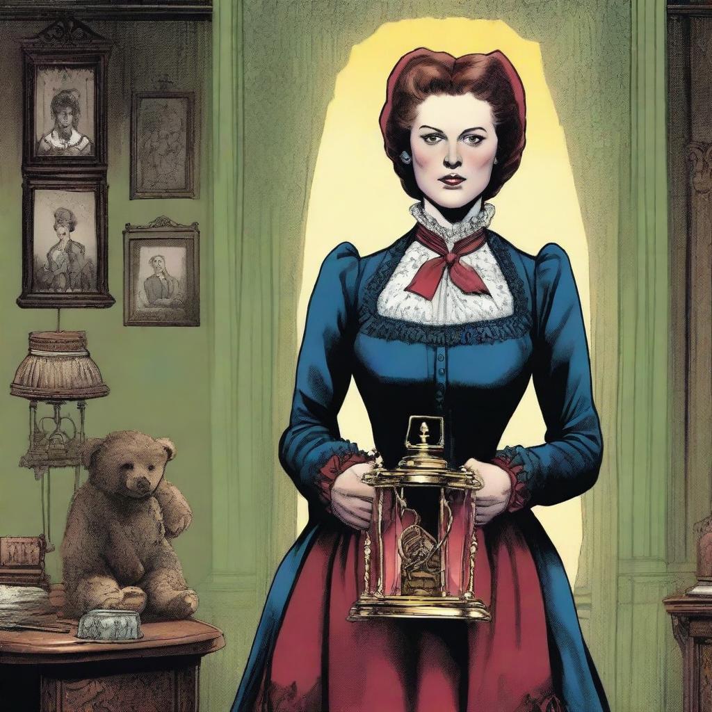 A governess holding a bear trap, dressed in Victorian-era clothing, illustrated in a comic book style