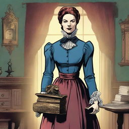 A governess holding a bear trap, dressed in Victorian-era clothing, illustrated in a comic book style