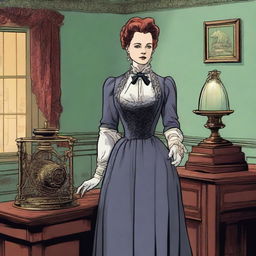 A governess holding a bear trap, dressed in Victorian-era clothing, illustrated in a comic book style