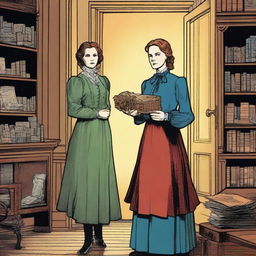 A governess holding a bear trap, dressed in Victorian-era clothing, illustrated in a comic book style