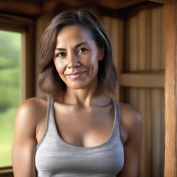 A photo realistic portrait of a woman wearing a tank top, situated in a cozy cabin