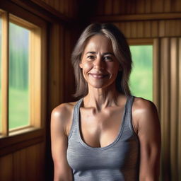 A photo realistic portrait of a woman wearing a tank top, situated in a cozy cabin