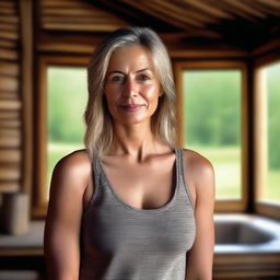 A photo realistic portrait of a woman wearing a tank top, situated in a cozy cabin