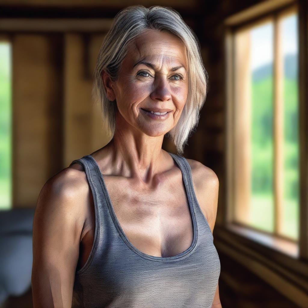 A photo realistic portrait of a woman in a tank top, set in a cozy cabin