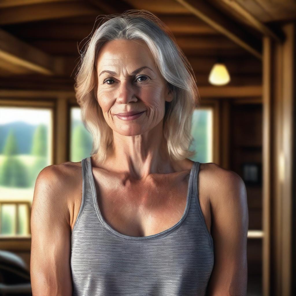 A photo realistic portrait of a woman in a tank top, set in a cozy cabin