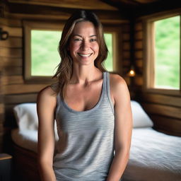 A photo realistic portrait of a woman in a tank top, set in a cozy cabin