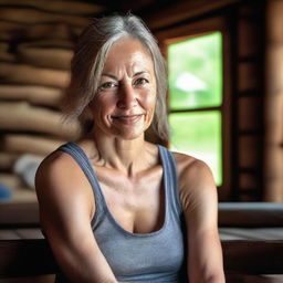 A photo realistic portrait of a woman in a tank top, set in a cozy cabin