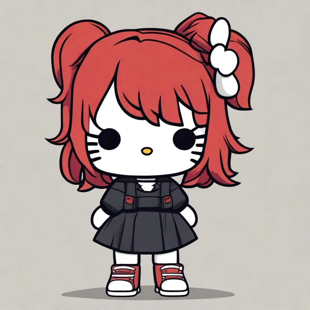 Hello Kitty with dark red bangs and hair, wearing a black skirt and an oversized long-sleeve black shirt, red sneakers, and a grumpy expression